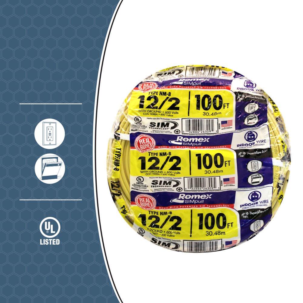 Southwire 28828228 12/2 100' Yellow with Ground Romex Brand SIMpull Residential Indoor Electricial Wire Type NM-B