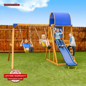 Sportspower Addison Wooden Swing Set with Heavy Duty Double A-Frame, Lifetime Warranty on Slide, & Bonus Anchor Kit - for Ages 3-8