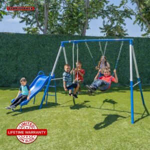 Sportspower Albany Metal Swing Set with 2 Person Glider Swing, 2 Adjustable Sling Swing Seats, 5' Double Wall Slide with Lifetime Warranty, & Bonus Anchor Kit, Great for Kids 3-8