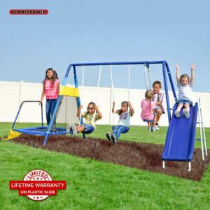 Sportspower Almansor Metal Swing Set with Glide Ride, Trampoline, and Lifetime Warranty on Blow Molded Slide, Great for Ages 3-8
