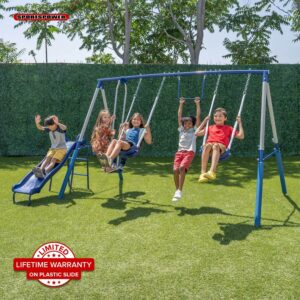 Sportspower Arcadia Metal Swing Set with Trapeze, 2 Person Glider Swing, 5' Double Wall Slide with Lifetime Warranty, and Bonus Anchor Kit, Great for Kids 3-8
