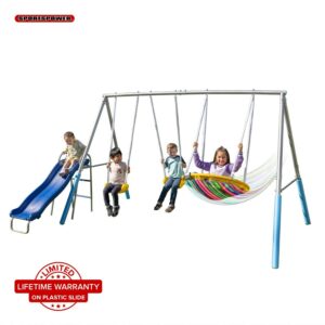 Sportspower Comet Metal Swing Set with LED Light up Saucer Swing, 2 Swings, Lifetime Warranty on Slide, & Bonus Anchor Kit, Great for Kids Aged 3-8