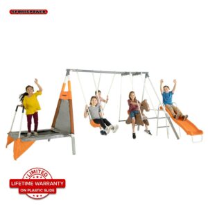 Sportspower Fairview Swing Set with 2 Swings, Rocking Horse, Mini Trampoline, Lifetime Warranty on Blow Molded Slide, and Bonus Anchor Kit