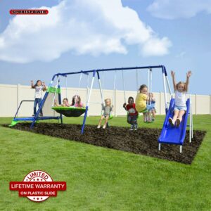 Sportspower Mountain View Metal Swing Set with Glide Ride, Saucer, Trampoline, Lifetime Warranty on Slide, & Bonus Anchor Kit, for Kids Aged 3-8