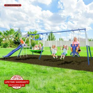 Sportspower Outdoor Rosemead Metal Swing Set with Roman Glider, Saucer, 6.5' Slide with Lifetime Warranty, and Bonus Anchor Kit, Great for Kids Aged 3-8