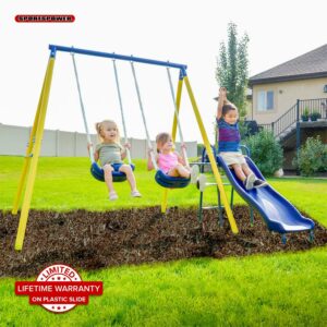Sportspower Power Play Time Metal Swing Set with 2 Swings, Lifetime Warranty on Blow Molded Slide, & Bonus Anchor Kit, Great for Kids 3-8