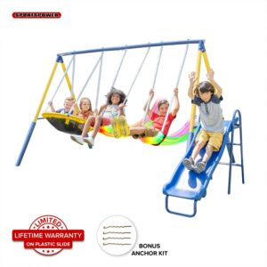 Sportspower Starlight Metal Swing Set with 2 LED Swings, Saucer Swing, Lifetime Warranty on Slide, and Bonus Anchor Kit, for Kids Aged 3-8