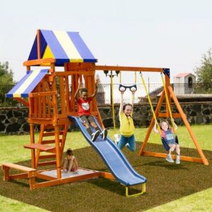 Sportspower Sunnyslope Wooden Swing Set with Play Fort, Trapeze, 6' Double Wall Slide with Lifetime Warranty, & Bonus Anchor Kit