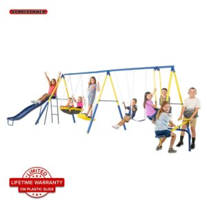 Sportspower Super 10 Metal Swing Set with Saucer Swing, Standing Swing, Teeter-Totter, Lifetime Warranty on Slide & Bonus Anchor Kit, Great for Kids 3-8