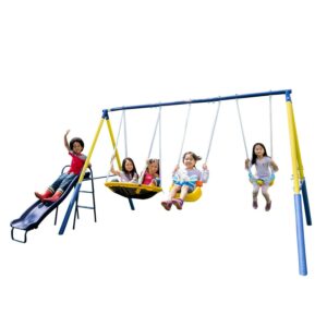 Sportspower Super Flyer Swing Set with 2 Flying Buddies, Saucer Swing, 2 Swings, Lifetime Warranty on Slide, and Bonus Anchor Kit, Great for Kids Aged 3-8