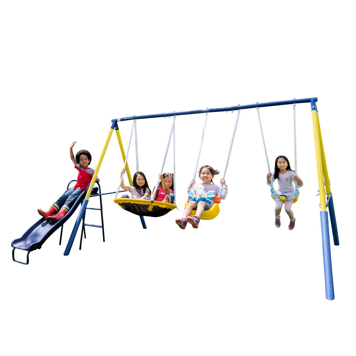Sportspower Super Flyer Swing Set with 2 Flying Buddies, Saucer Swing, 2 Swings, Lifetime Warranty on Slide, and Bonus Anchor Kit, Great for Kids Aged 3-8