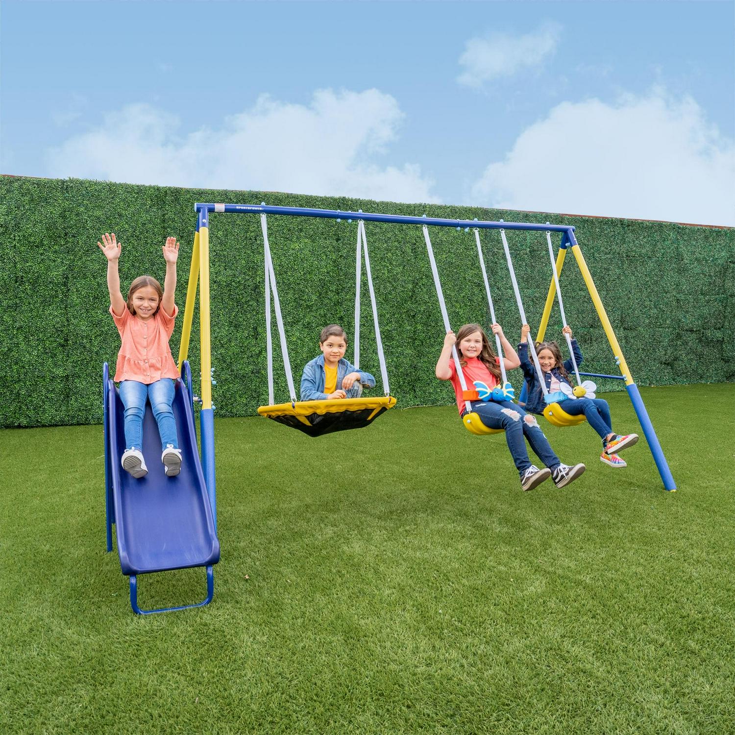 Sportspower Super Flyer Swing Set with 2 Flying Buddies, Saucer Swing, 2 Swings, Lifetime Warranty on Slide, and Bonus Anchor Kit, Great for Kids Aged 3-8 - Image 2