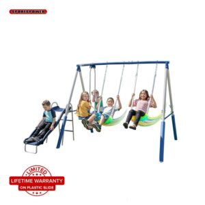 Sportspower Super Lights Metal Swing Set with LED Swing Seats, 2 Person Glider, 5' Slide with Lifetime Warranty, and Bonus Anchor Kit, Great for Kids 3-8
