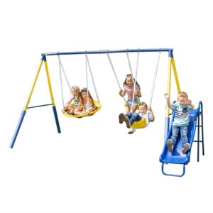 Sportspower Super Saucer Metal Swing Set with 2 Swings, Saucer Swing and 1-Piece Heavy Duty Slide, Great for Kids Aged 3-8