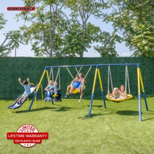 Sportspower Super Star Metal Swing Set with Saucer Swing, Glider Swing, Lifetime Warranty on Slide & Bonus Anchor Kit, Great for Kids 3-8