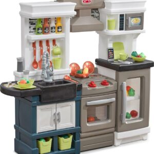 Step2 Modern Metro Blue Brown and White Kitchen includes 33 Piece Plastic Toddler Kitchen Playset