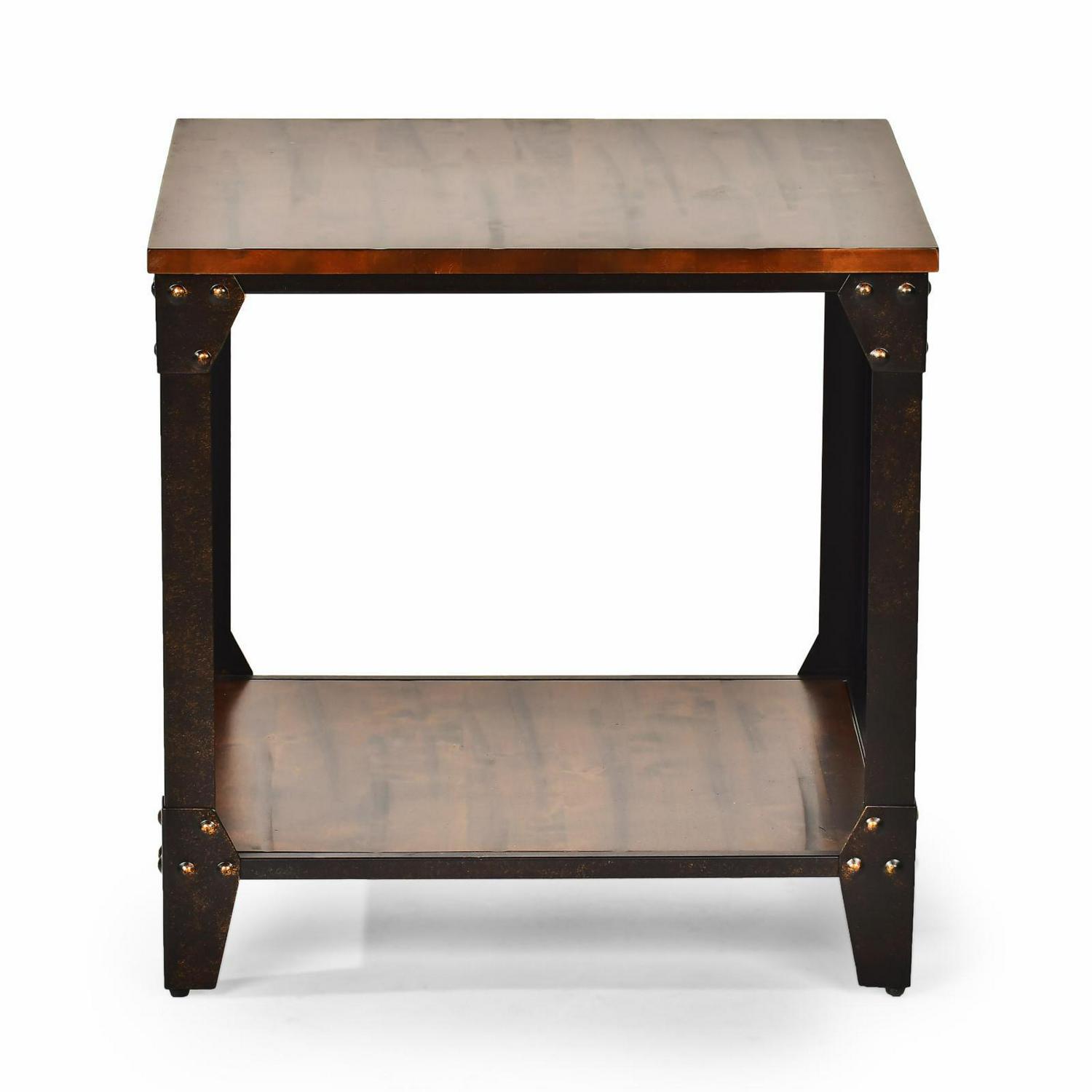 Winston Square End Table Distressed Tobacco Brown Top and shelf in Metal frame - Image 2