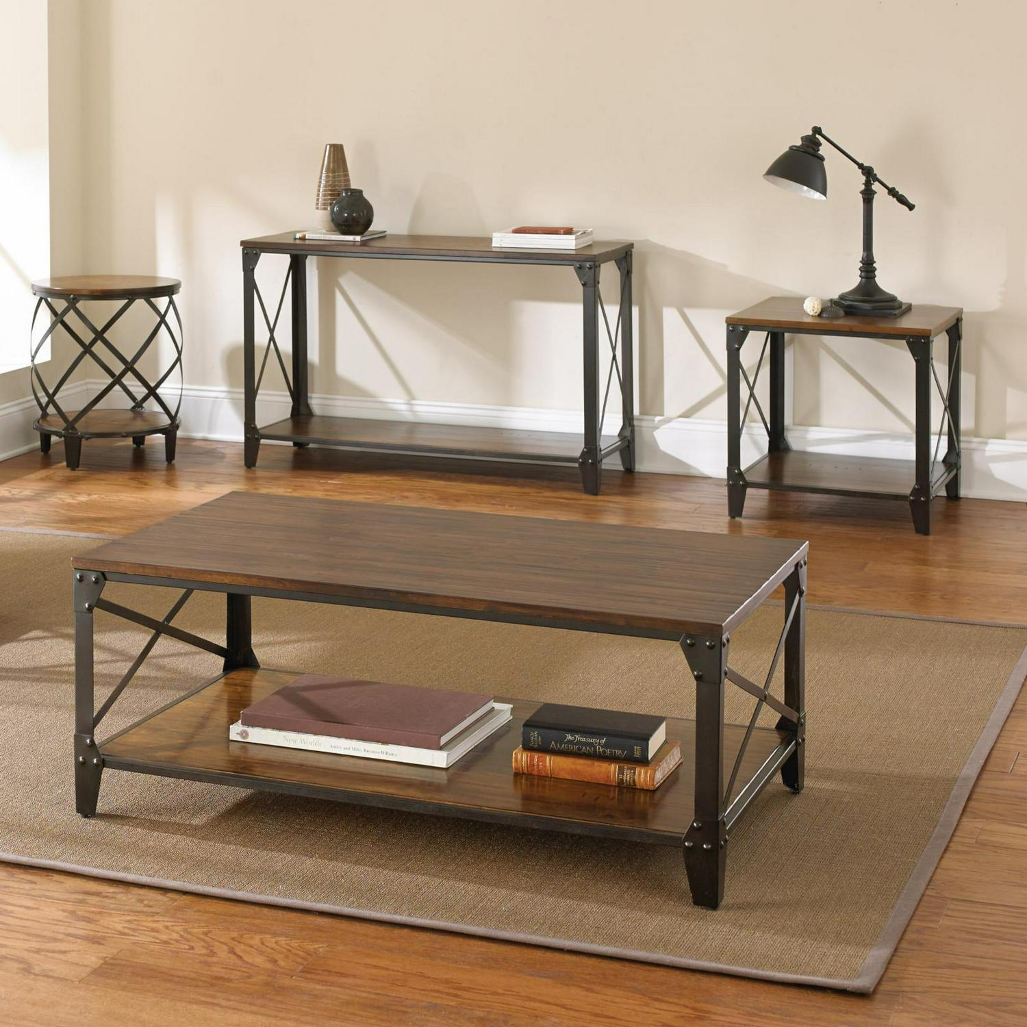 Winston Square End Table Distressed Tobacco Brown Top and shelf in Metal frame - Image 6