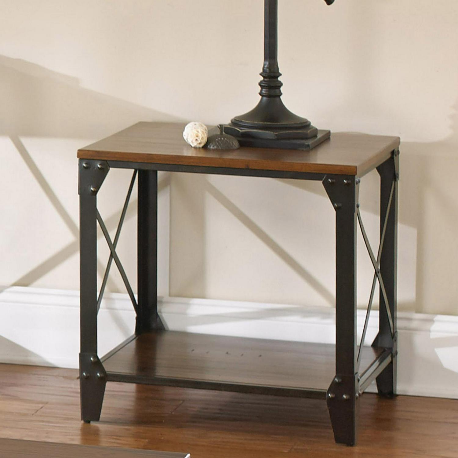 Winston Square End Table Distressed Tobacco Brown Top and shelf in Metal frame - Image 7