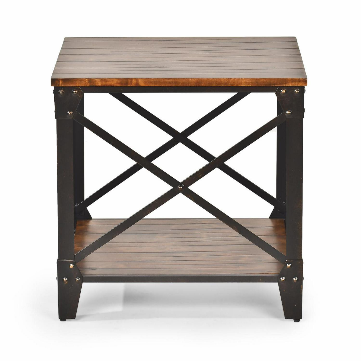 Winston Square End Table Distressed Tobacco Brown Top and shelf in Metal frame - Image 3