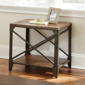 Winston Square End Table Distressed Tobacco Brown Top and shelf in Metal frame