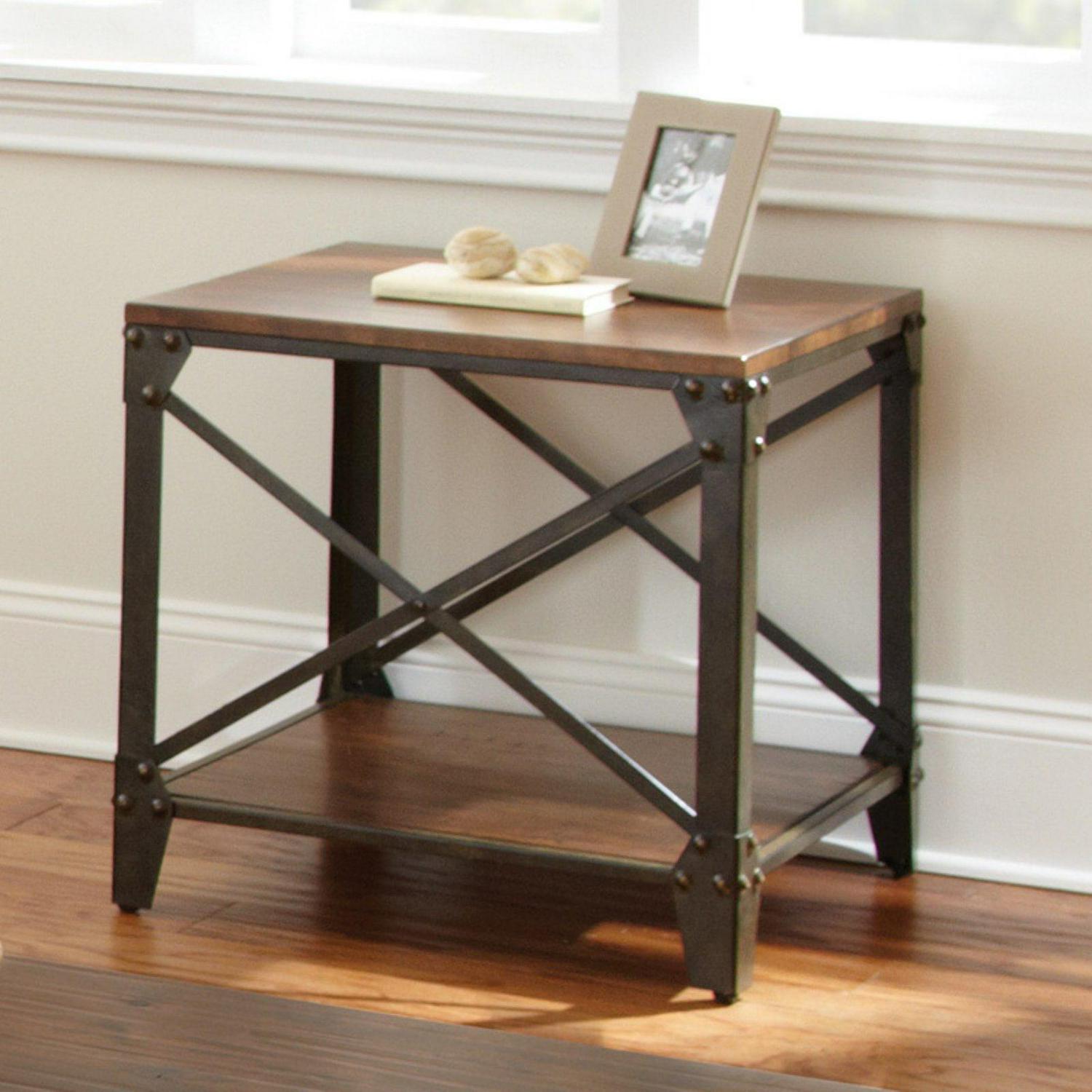 Winston Square End Table Distressed Tobacco Brown Top and shelf in Metal frame