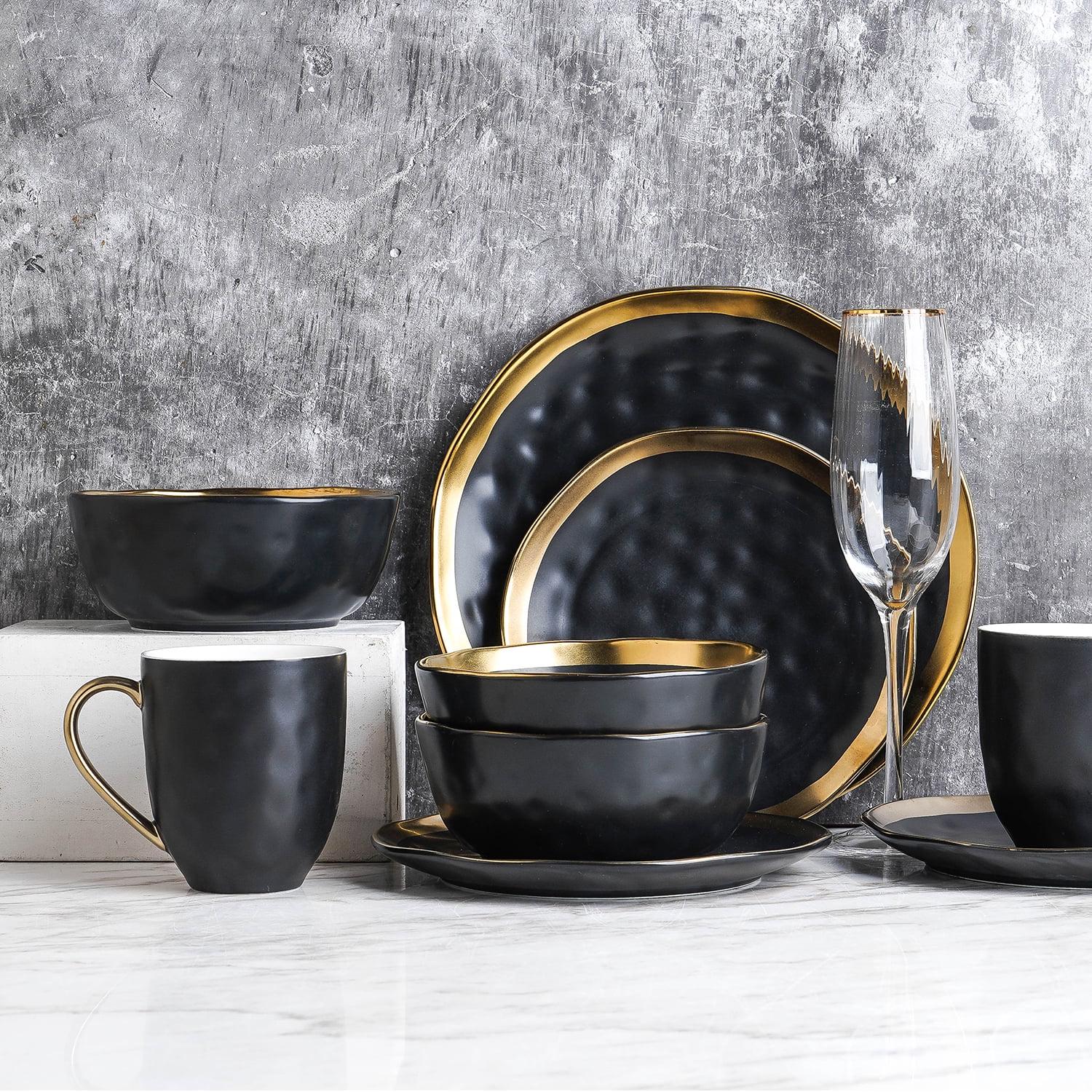 Stone Lain Florian Modern Porcelain Dish Set, 16-Piece Dishes for 4, Gold and Black - Image 2