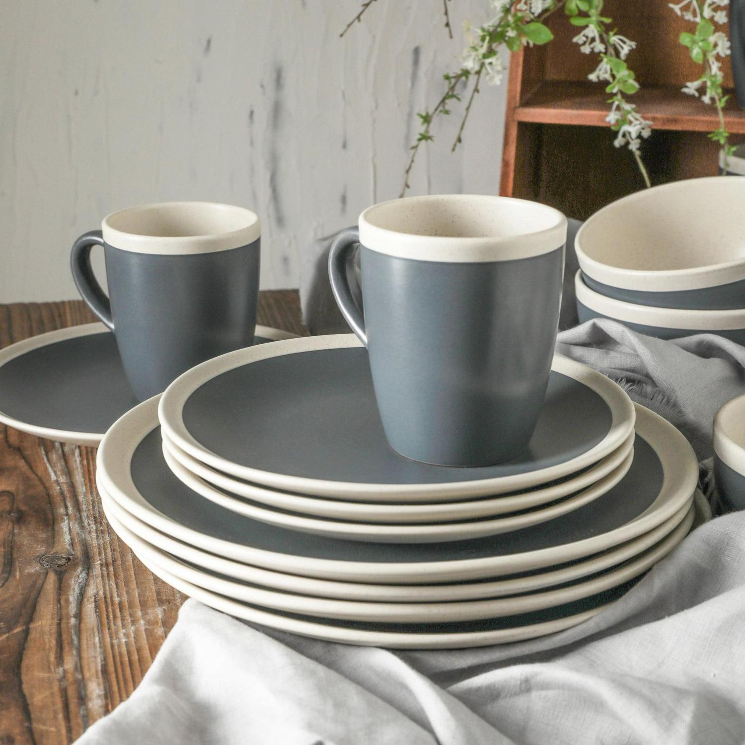 Stone Lain Serenity 16-Piece Stoneware Round Dinnerware, Service for 4, 2-Tone, Dark Gray-Cream - Image 8