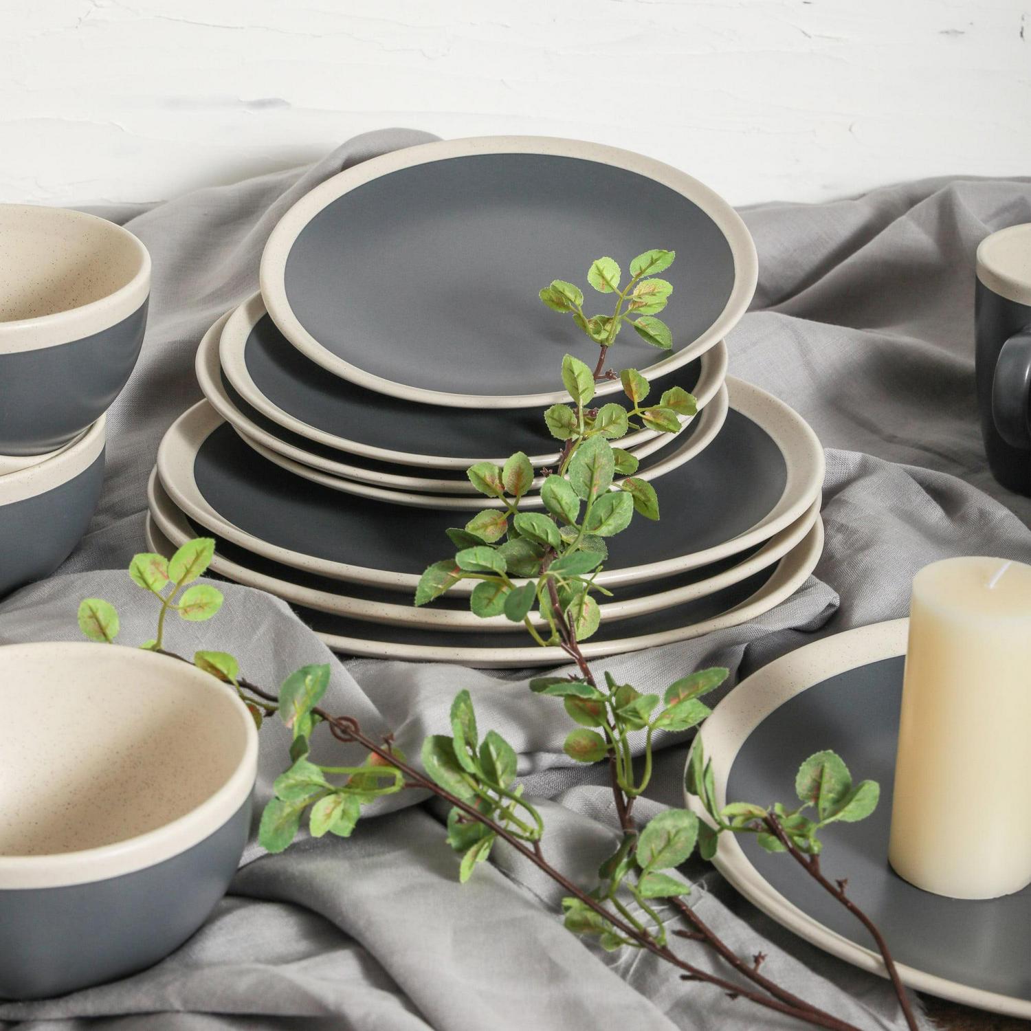 Stone Lain Serenity 16-Piece Stoneware Round Dinnerware, Service for 4, 2-Tone, Dark Gray-Cream - Image 2