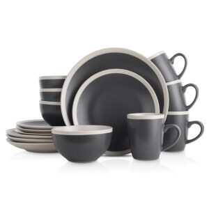 Stone Lain Serenity 16-Piece Stoneware Round Dinnerware, Service for 4, 2-Tone, Dark Gray-Cream