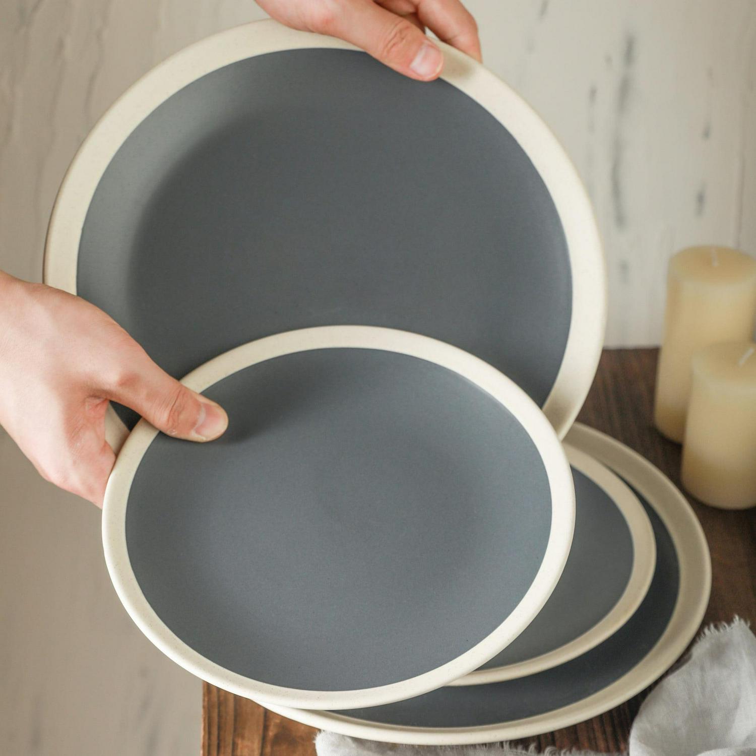 Stone Lain Serenity 16-Piece Stoneware Round Dinnerware, Service for 4, 2-Tone, Dark Gray-Cream - Image 4