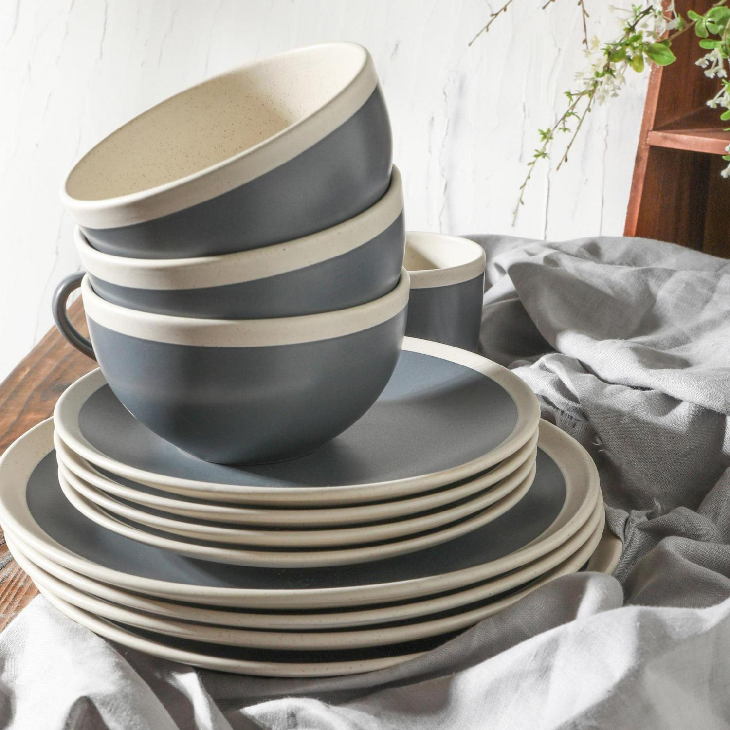 Stone Lain Serenity 16-Piece Stoneware Round Dinnerware, Service for 4, 2-Tone, Dark Gray-Cream - Image 5