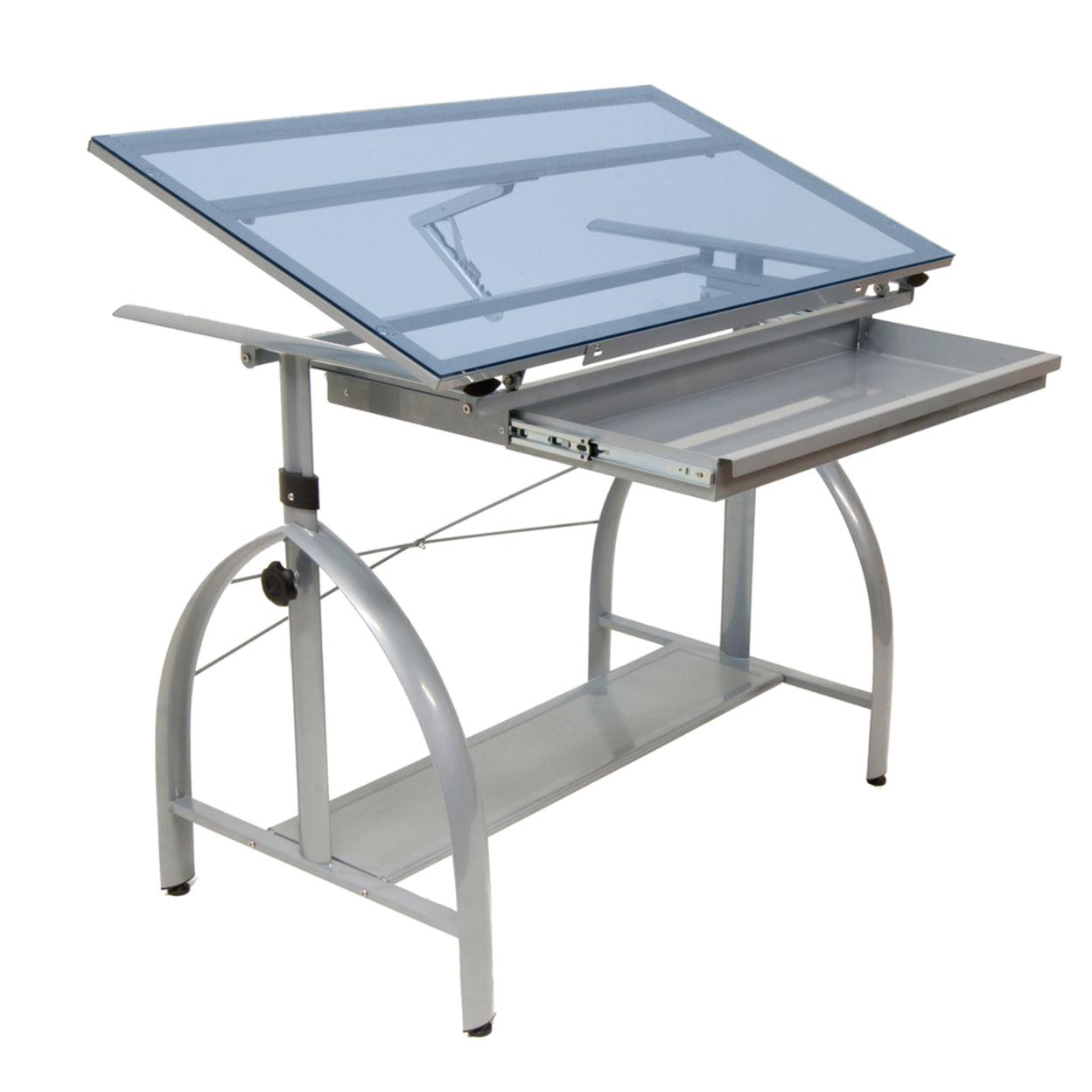 Studio Designs Blue Tempered Safety-Glass Adjustment Height Drafting Table, Silver - Image 7