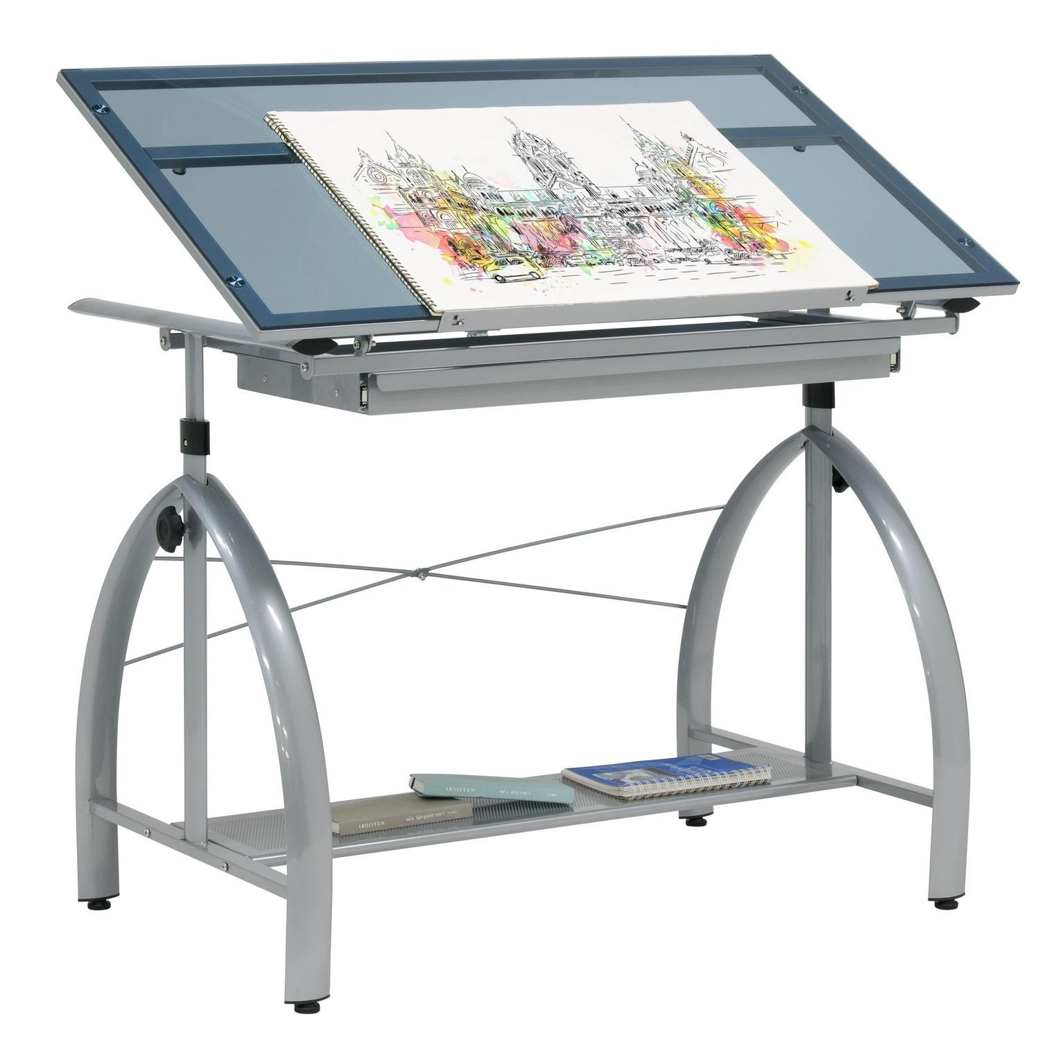 Studio Designs Blue Tempered Safety-Glass Adjustment Height Drafting Table, Silver - Image 2