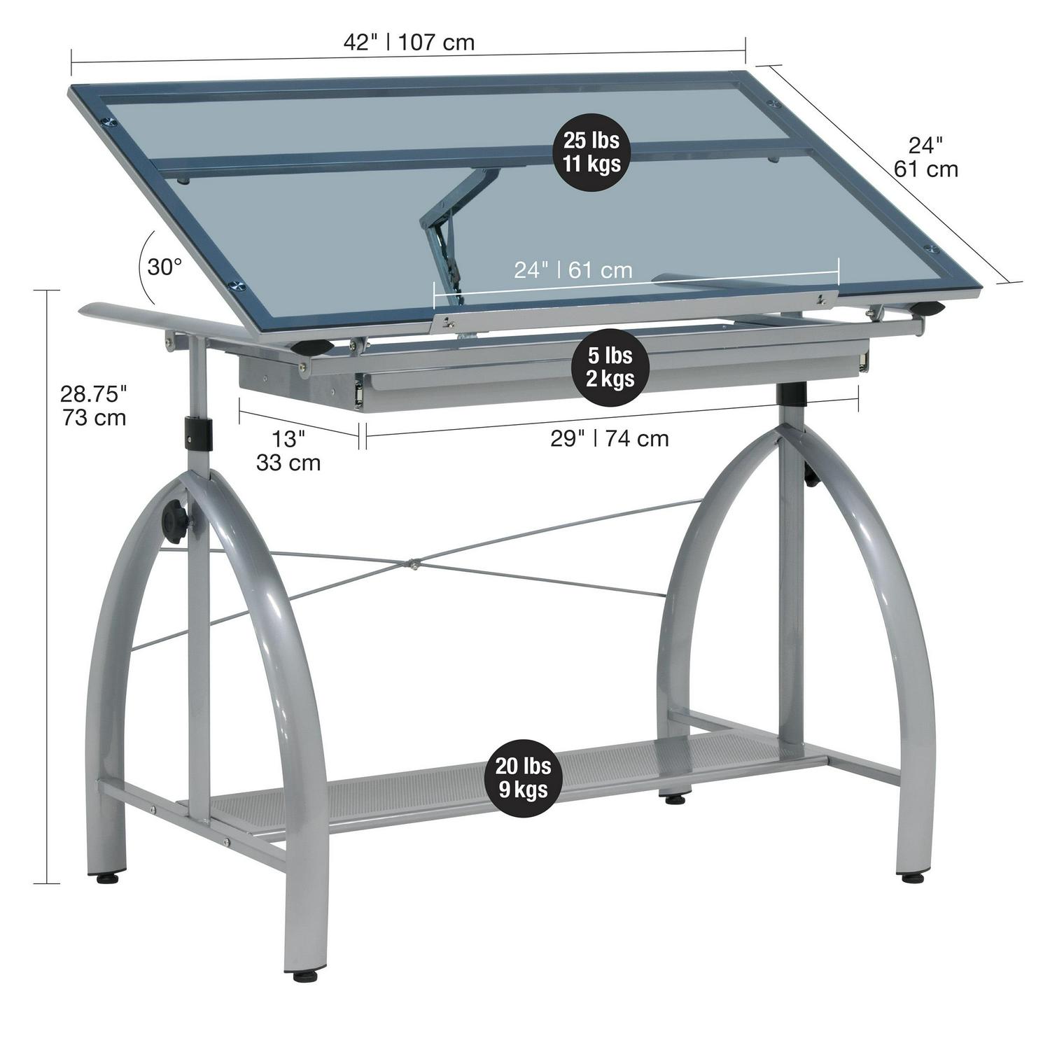 Studio Designs Blue Tempered Safety-Glass Adjustment Height Drafting Table, Silver - Image 3