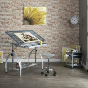 Studio Designs Blue Tempered Safety-Glass Adjustment Height Drafting Table, Silver
