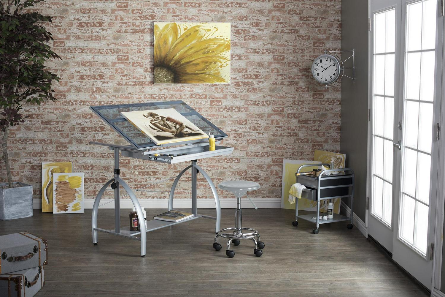 Studio Designs Blue Tempered Safety-Glass Adjustment Height Drafting Table, Silver