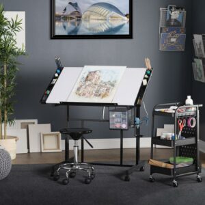 Deluxe Mobile Craft Station with Storage and Angle Adjustable Drawing Top Black/White