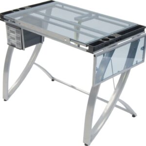 Studio Designs Glass Drafting Table with Adjustable Top and Folding Shelf, Modern Metal