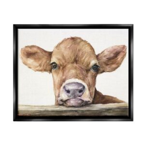 Stupell Industries Cute Baby Cow Animal Watercolor Painting Jet Black Framed Floating Canvas Wall Art, 16x20, by George Dyachenko