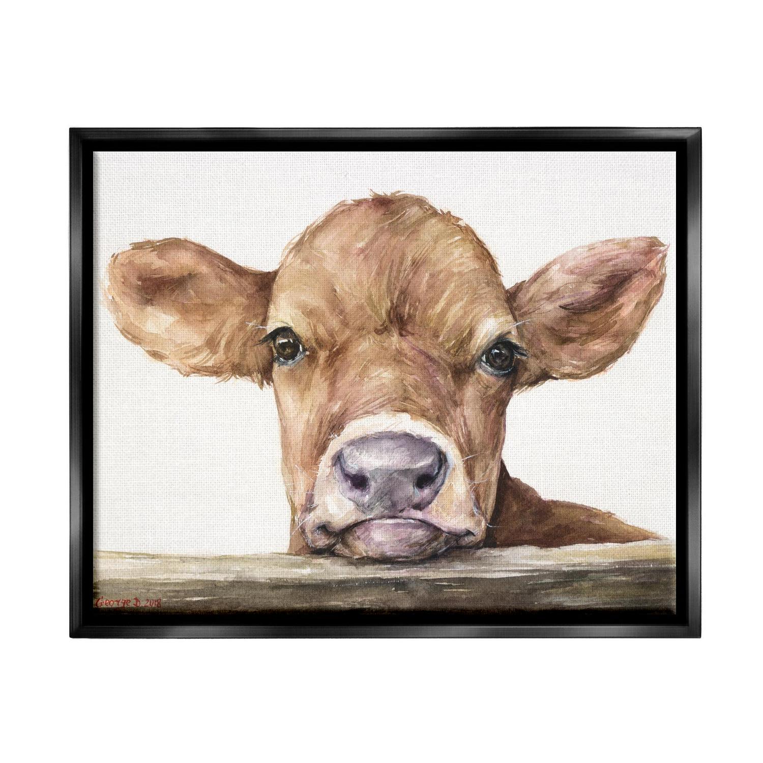 Stupell Industries Cute Baby Cow Animal Watercolor Painting Jet Black Framed Floating Canvas Wall Art, 16x20, by George Dyachenko