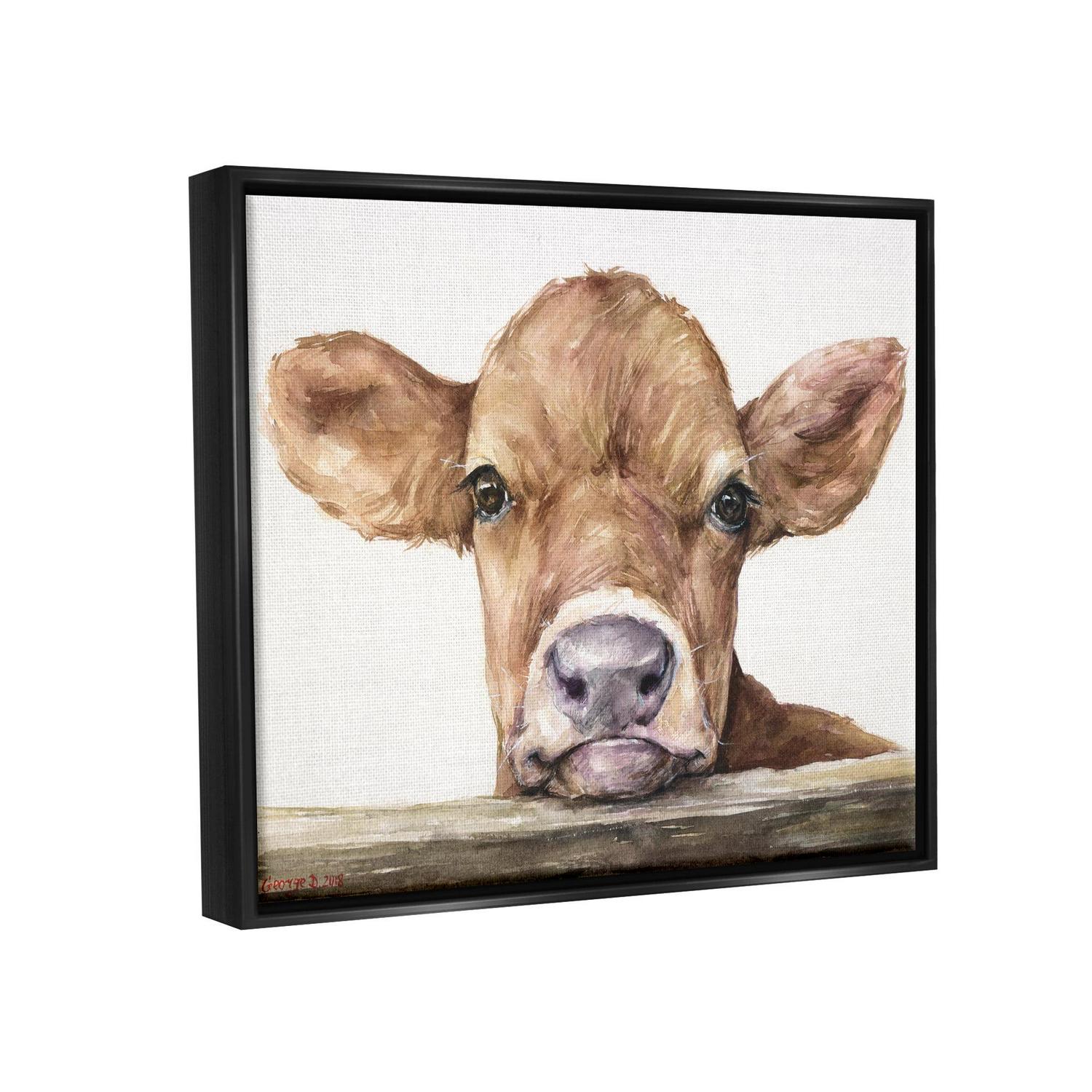 Stupell Industries Cute Baby Cow Animal Watercolor Painting Jet Black Framed Floating Canvas Wall Art, 16x20, by George Dyachenko - Image 3