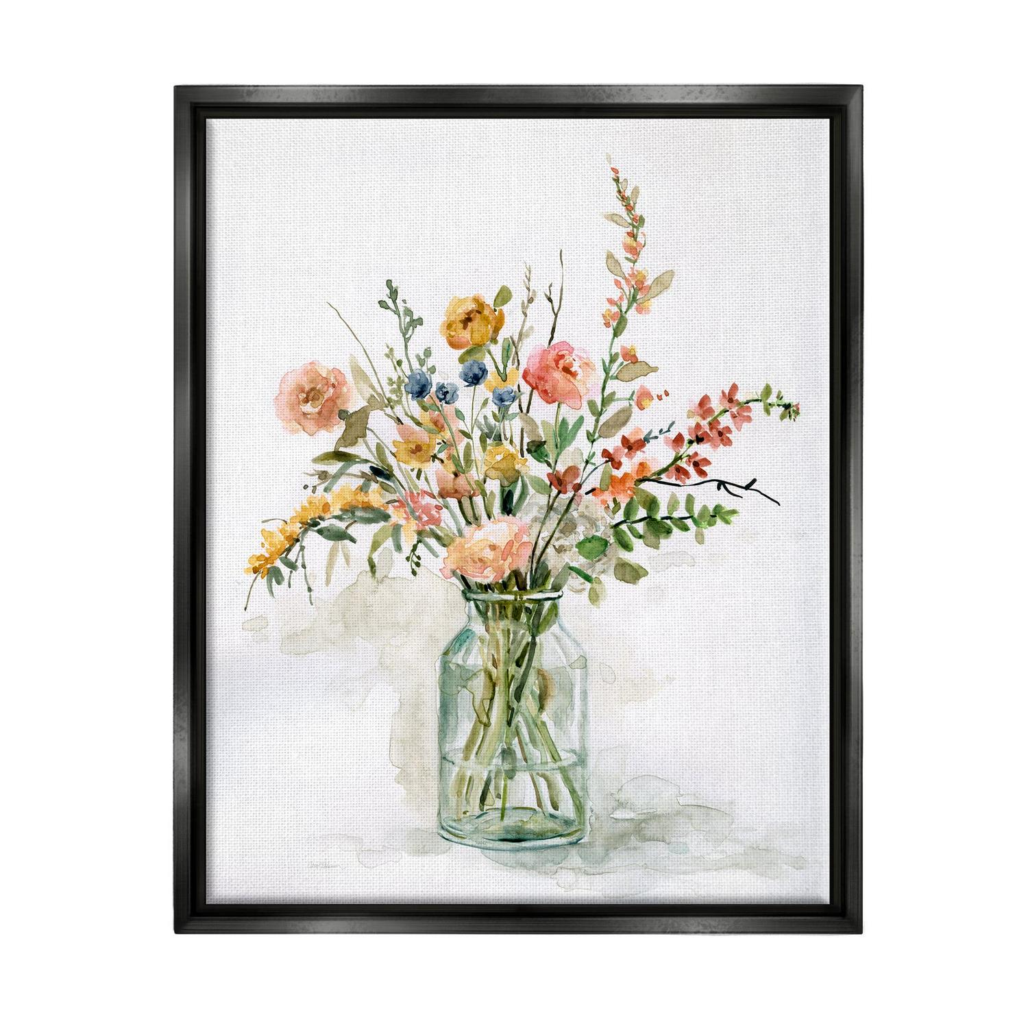 Stupell Industries Country Meadow Roses Floral Bouquet Watercolor Still Life Jet Black Framed Floating Canvas Wall Art, 16x20, by Carol Robinson