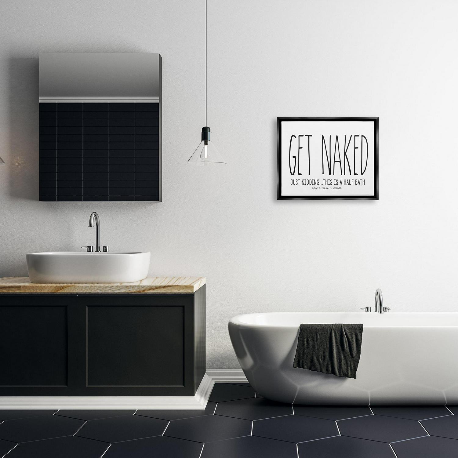Stupell Industries Get Naked Funny Word Bathroom Black And White Design Jet Black Framed Floating Canvas Wall Art, 16x20, by Lettered and Lined - Image 2