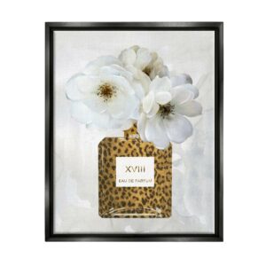 Stupell Industries Leopard Print Perfume Bottle Glam White Spring Florals Jet Black Framed Floating Canvas Wall Art, 16x20, by Carol Robinson
