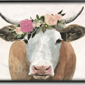 Stupell Industries Springtime Flower Crown Farm Cow with Horns Framed Wall Art by Victoria Borges