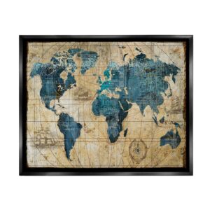 Stupell Industries Vintage Abstract World Map Design Jet Black Framed Floating Canvas Wall Art, 16x20, by Art Licensing Studio