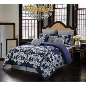Style 212 Dolce 100% Microfiber Polyester 10 Piece Queen Comforter Set in Silver and Navy, All Season, Adult Size, OEKO-TEX Certified