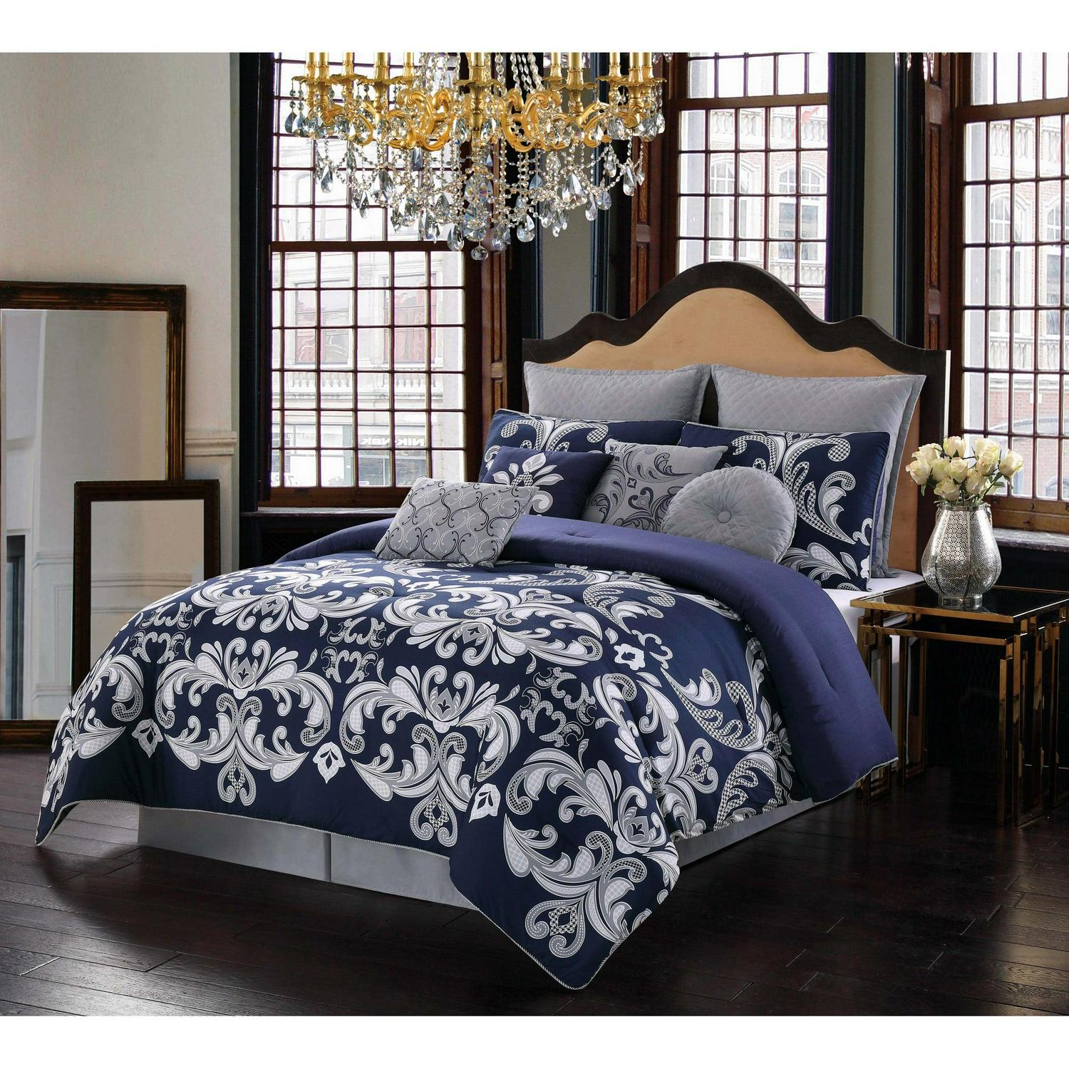 Style 212 Dolce 100% Microfiber Polyester 10 Piece Queen Comforter Set in Silver and Navy, All Season, Adult Size, OEKO-TEX Certified
