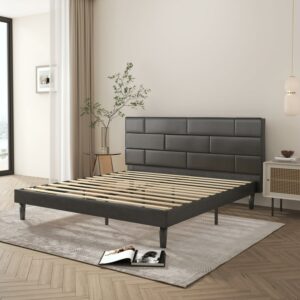 Subrtex 7.1" Queen Size Platform Bed Frame with PU Leather Upholstered Headboard, Black